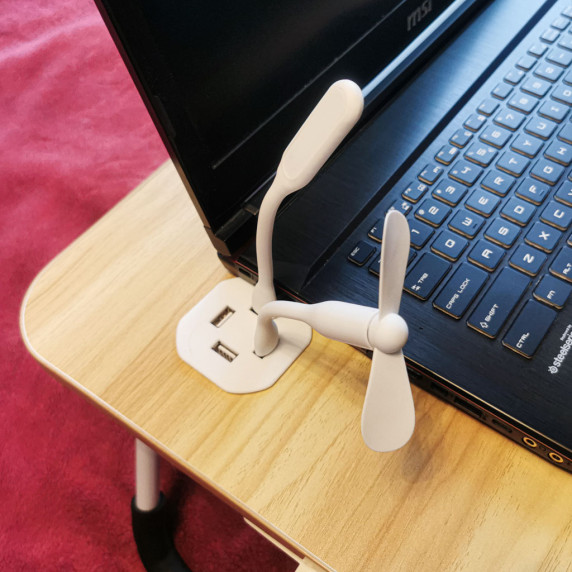 Laptop asztal pohártartóval + USB ventilátor, lámpa