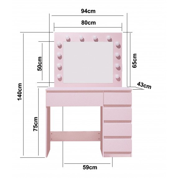 Fésülködő asztal megvilágítással 5 fiókkal Aga MRDT06-Pink - rózsaszín