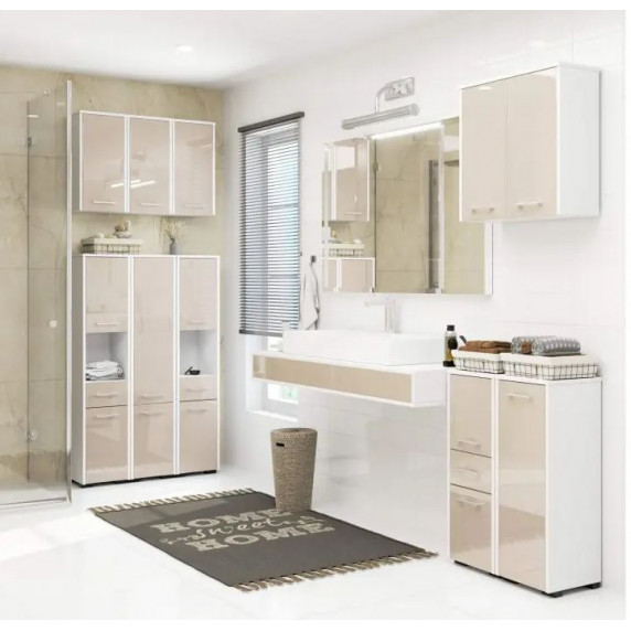 Fürdőszoba szekrény FIN 140cm magasfényű - fehér/cappuccino