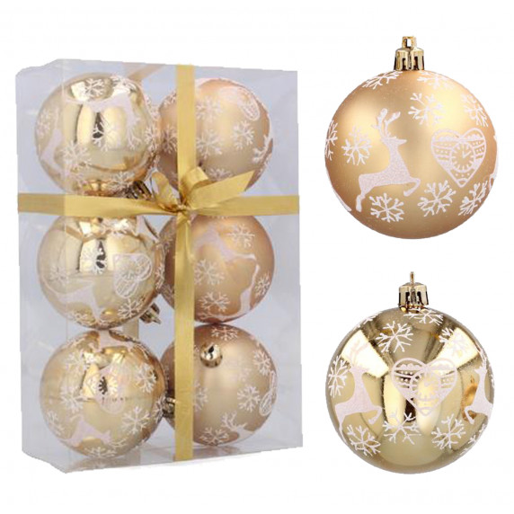 Karácsonyfa dísz szett 6 darab gömb 7 cm Inlea4Fun - Arany/Rénszarvas erdőben